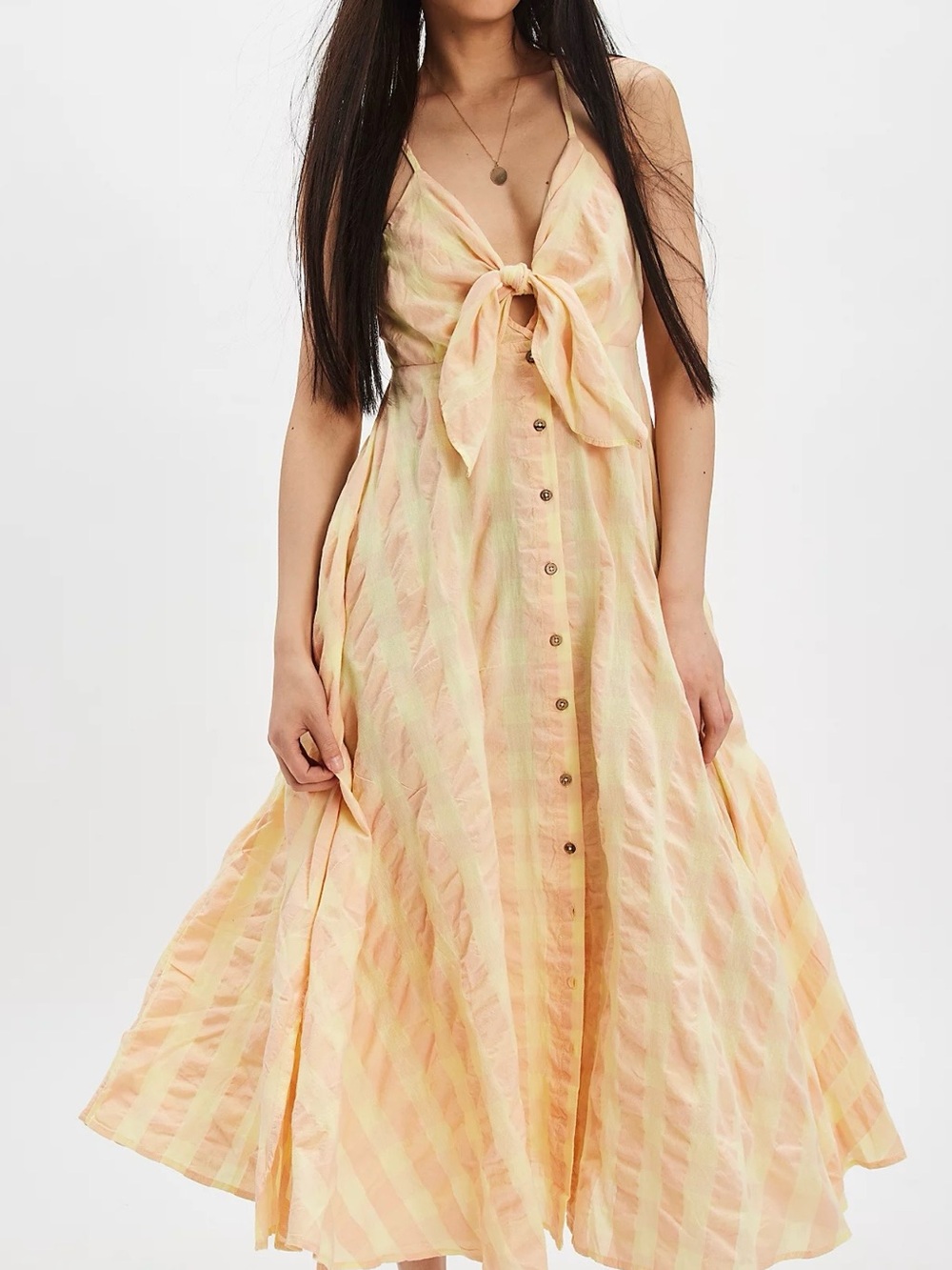 Anthropologie Peach and Cream Tie-Front Striped Maxi Dress